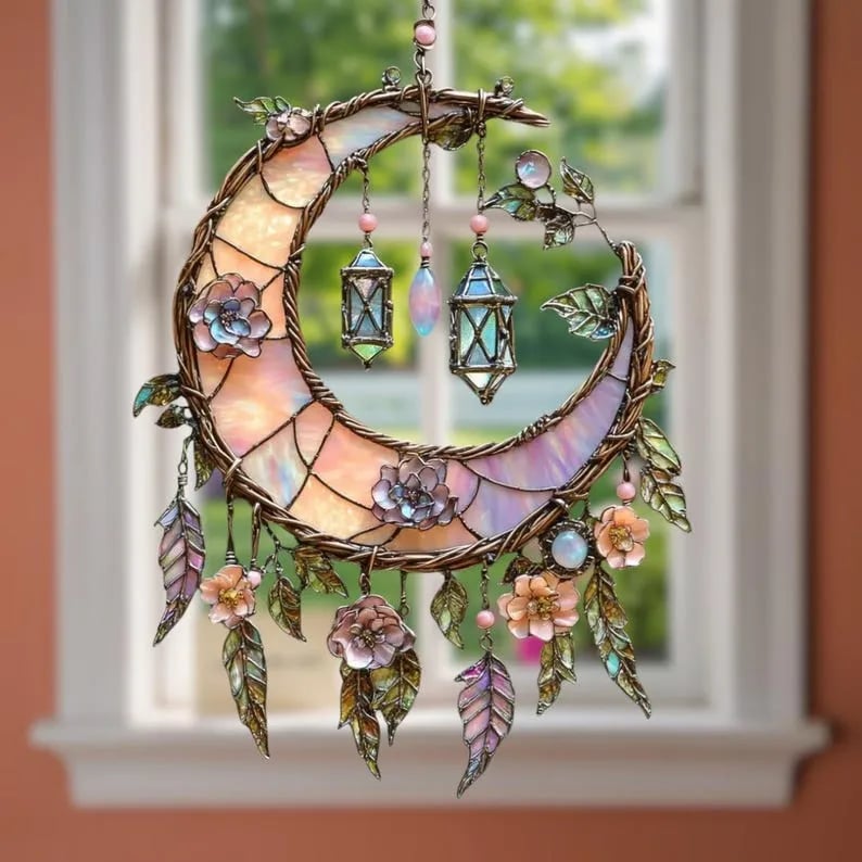 üåô2D Flat Printed Acrylic Moon and Floral Window Decor