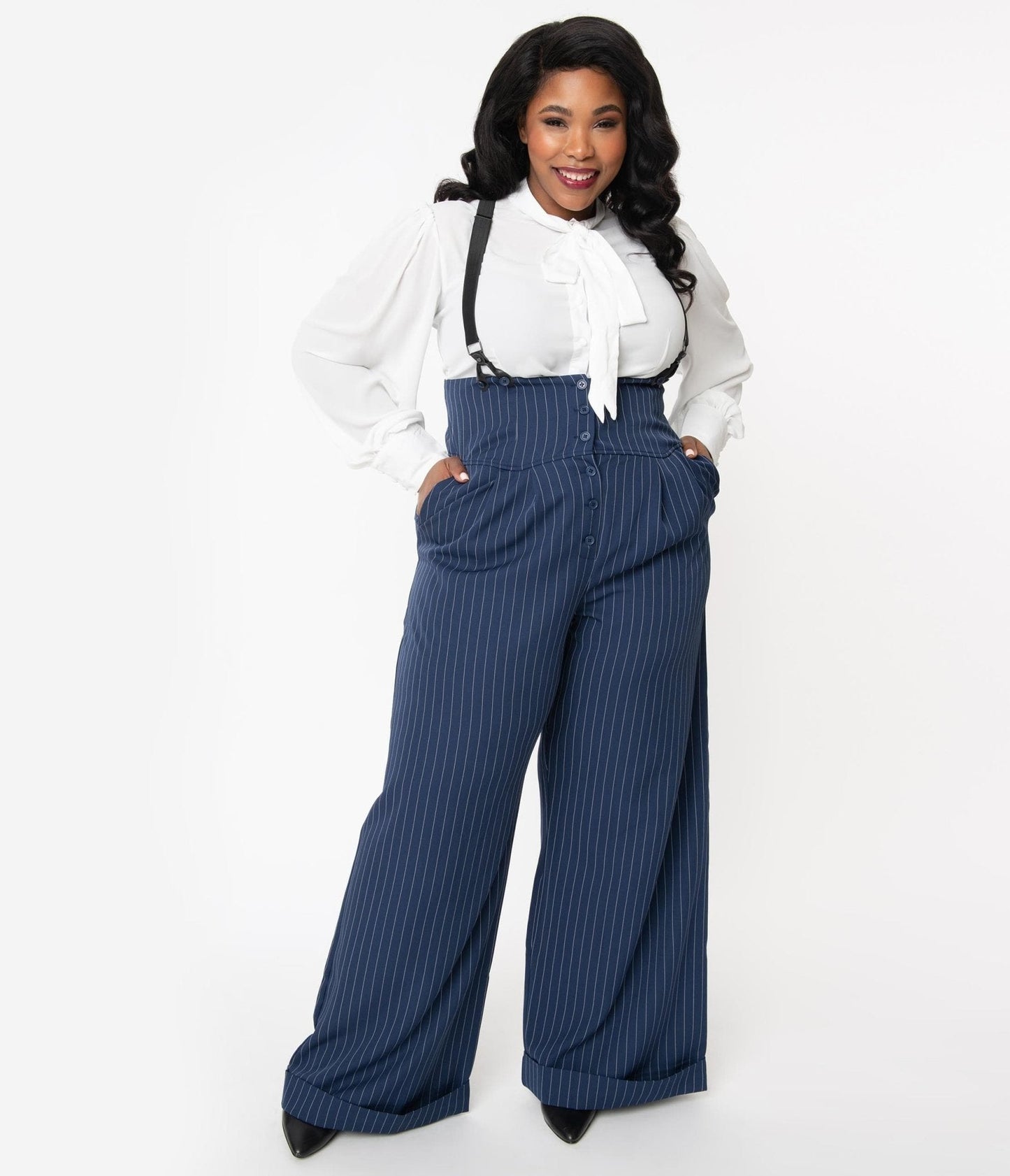 Unique Vintage Plus Size 1930s Navy & White Pin Stripe Thelma Suspender Pants