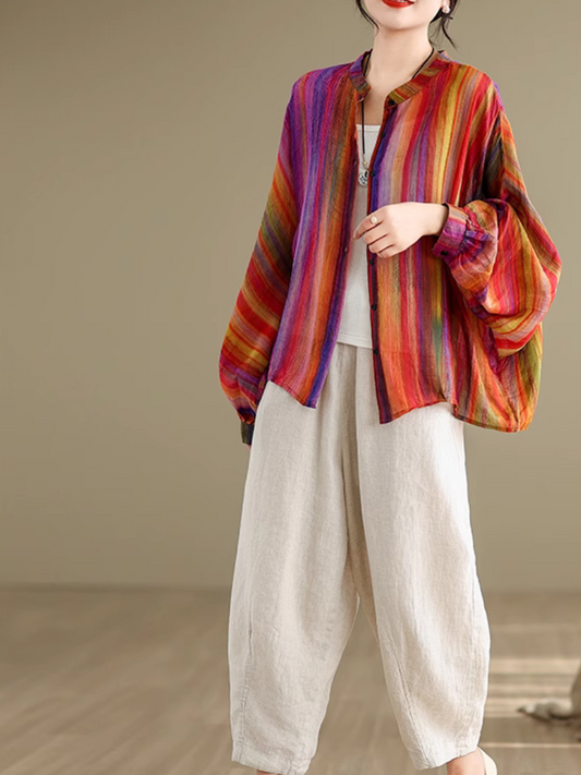 Trendy Women's Rainbow Stripe Loose Shirt | Eva Trends