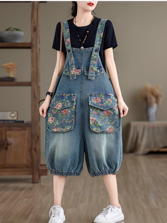 Loose Fit Rose Print Denim Dungarees with Elastic Hem
