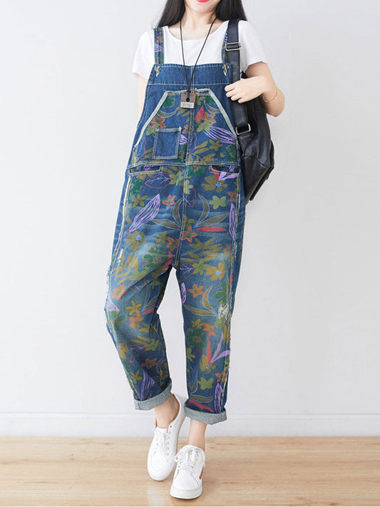 Hand-Painted Botanical Dungarees - Dropped Crotch Tapered Fit