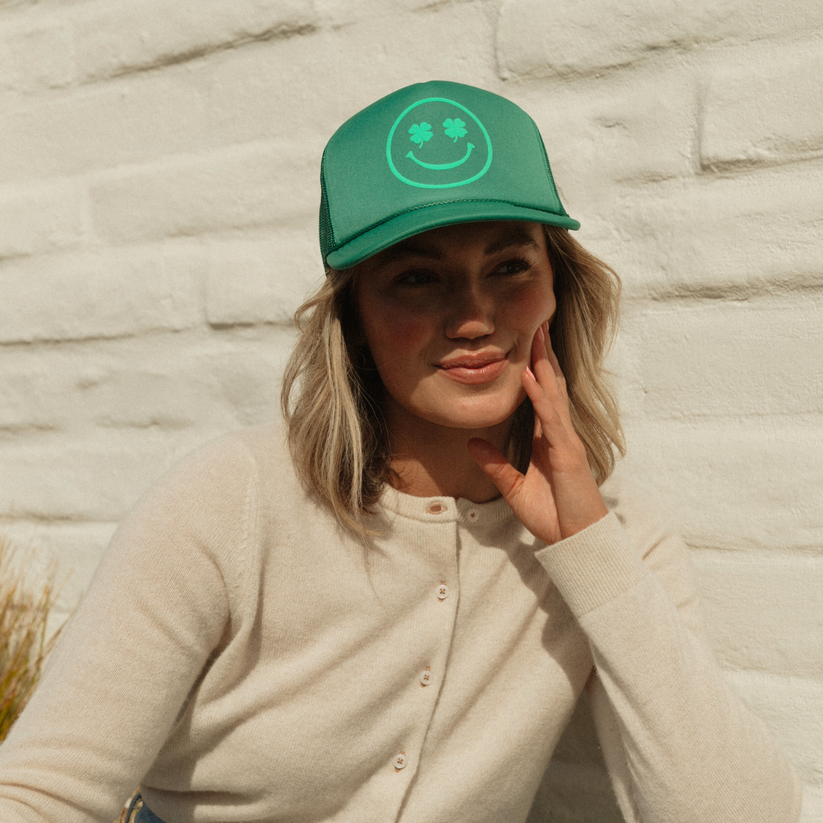 St Patty Smiley Clover Trucker Hat