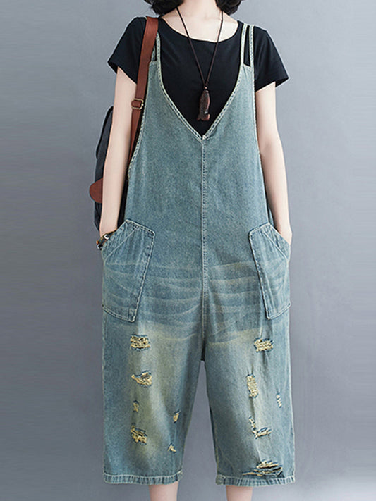 Distressed Denim Romper Dungarees - Large Patch Pocket Design