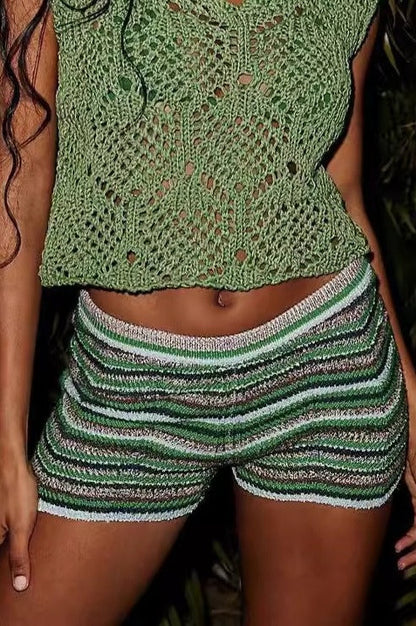 Rainbow Color Block Knit Slim Shorts