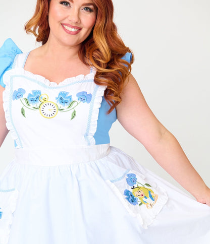 Disney Alice In Wonderland Collection By Unique Vintage Plus Size Blue & White Ruffled Apron Swing Dress