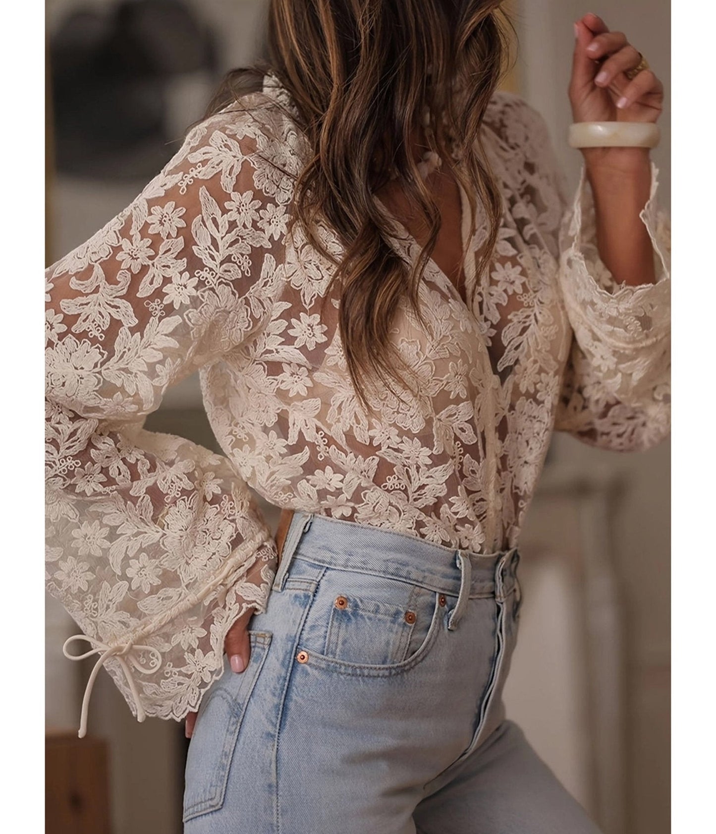 Off White Sheer Lace Blouse