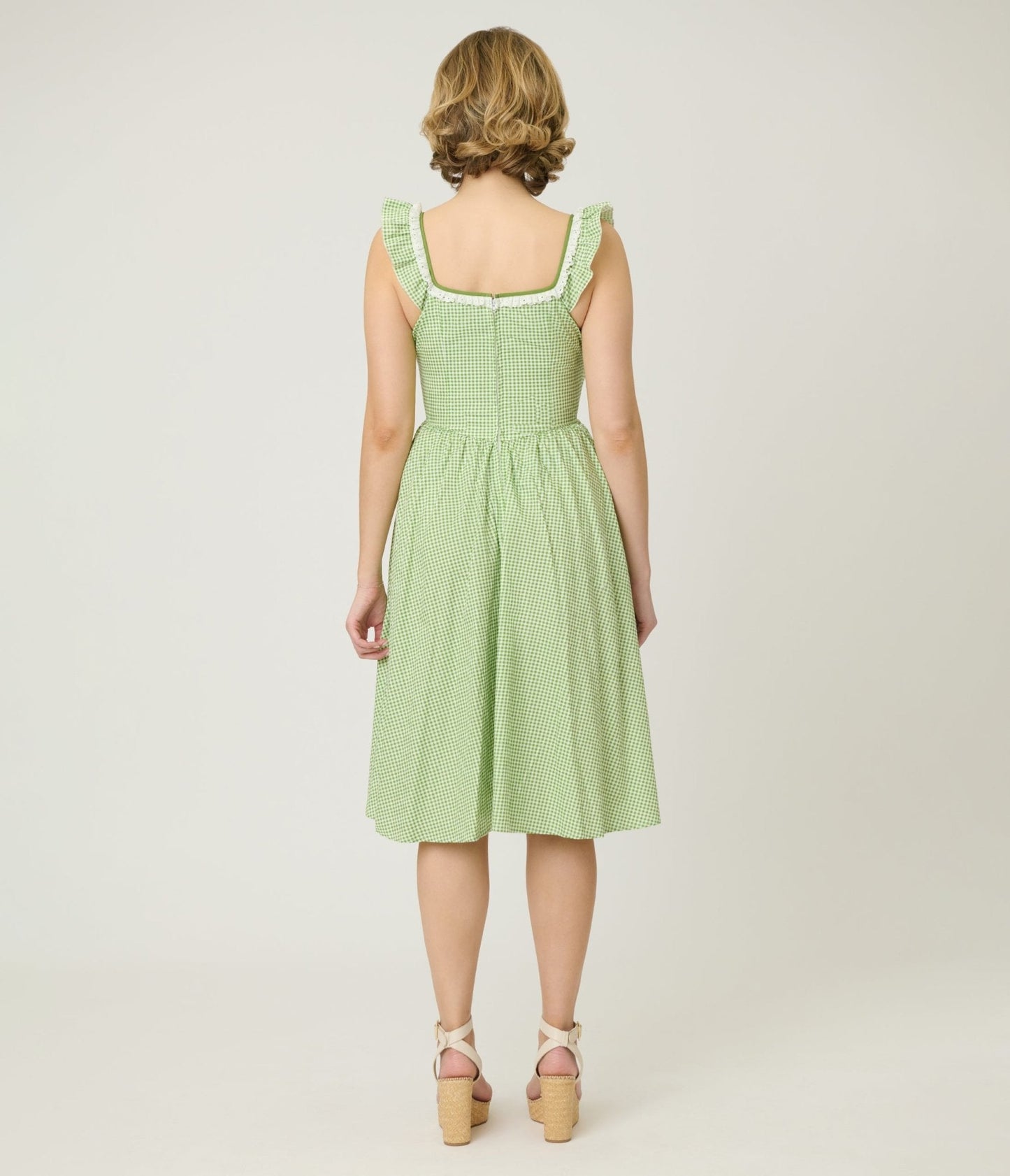 Unique Vintage Green Gingham Sweetheart Flutter Sleeve Swing Dress