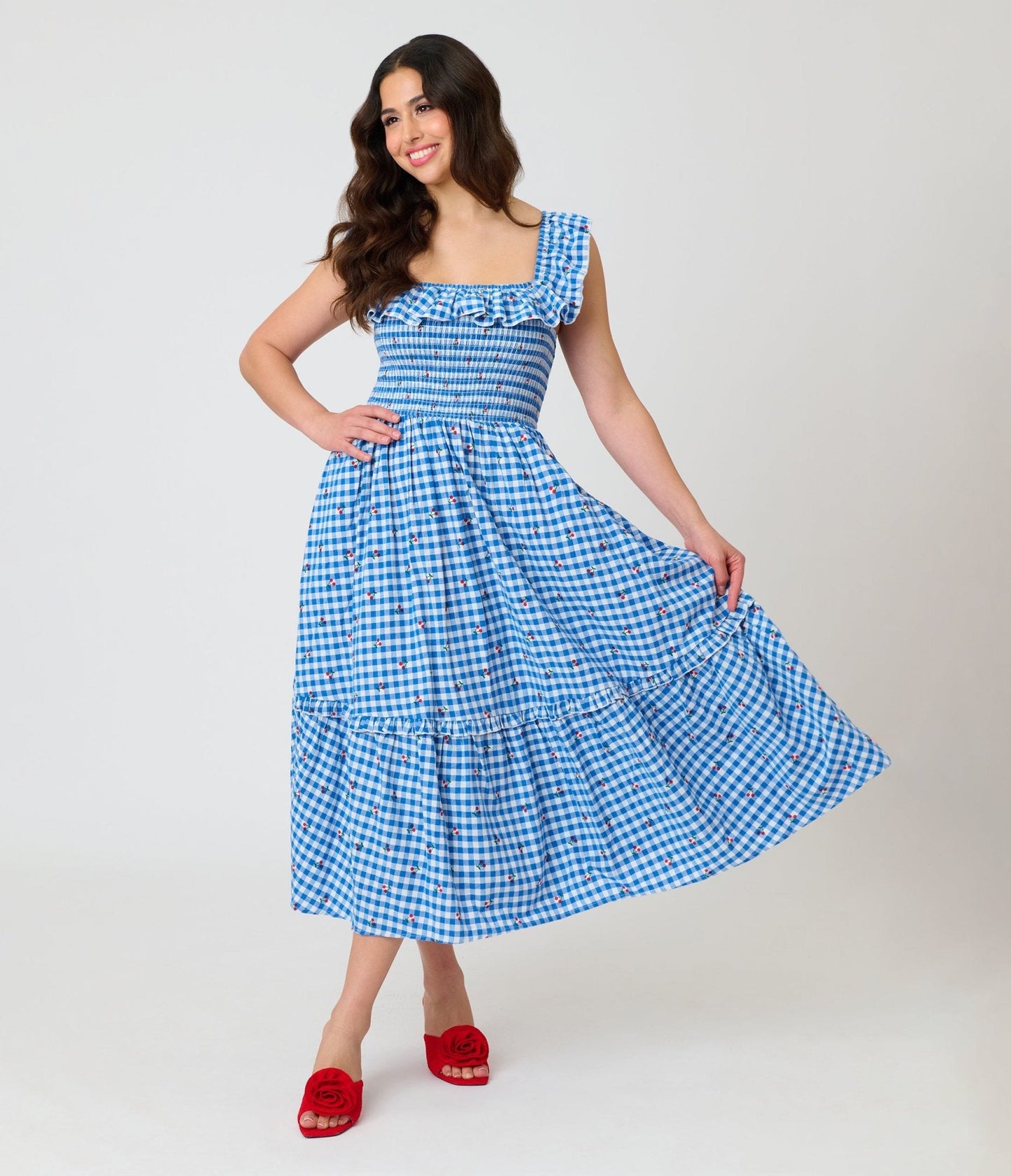 Unique Vintage Blue Gingham & Cherries Midi Dress