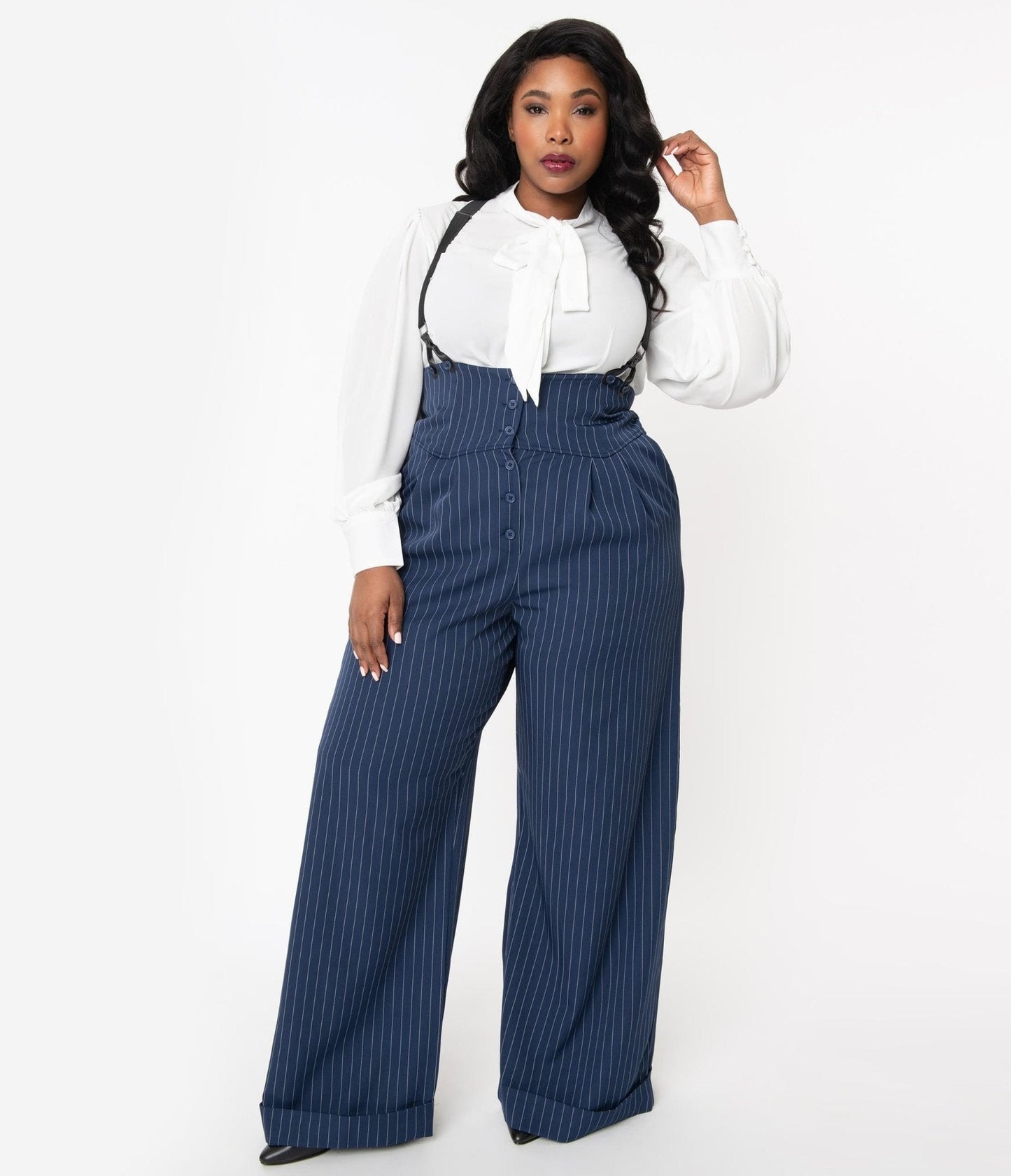 Unique Vintage Plus Size 1930s Navy & White Pin Stripe Thelma Suspender Pants