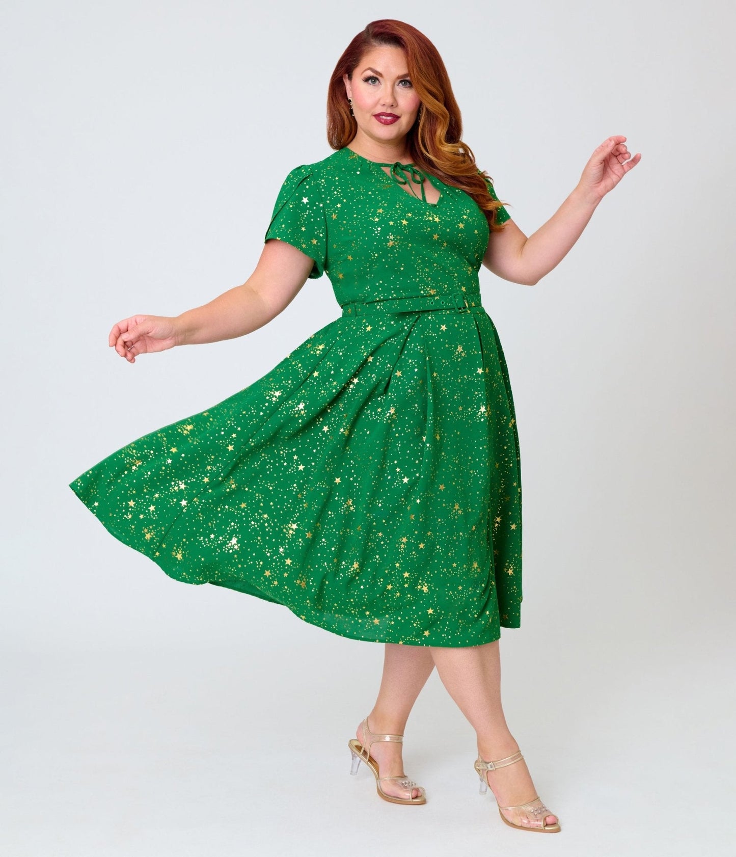 Unique Vintage Plus Size Green & Gold Star Dahlia Swing Dress