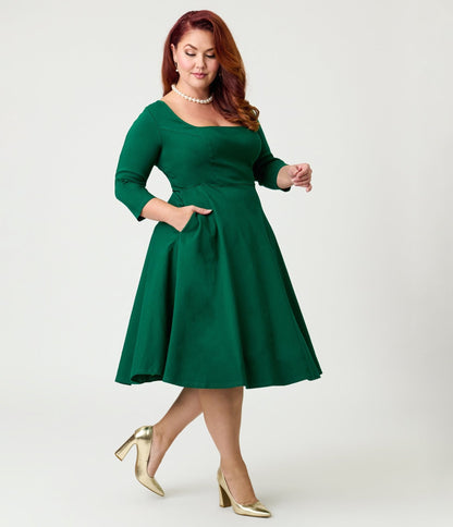 Unique Vintage Plus Size Green Square Neck Swing Dress