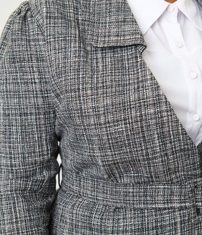 Unique Vintage Plus Size Grey Tweed Belted Shawl Collar Jacket
