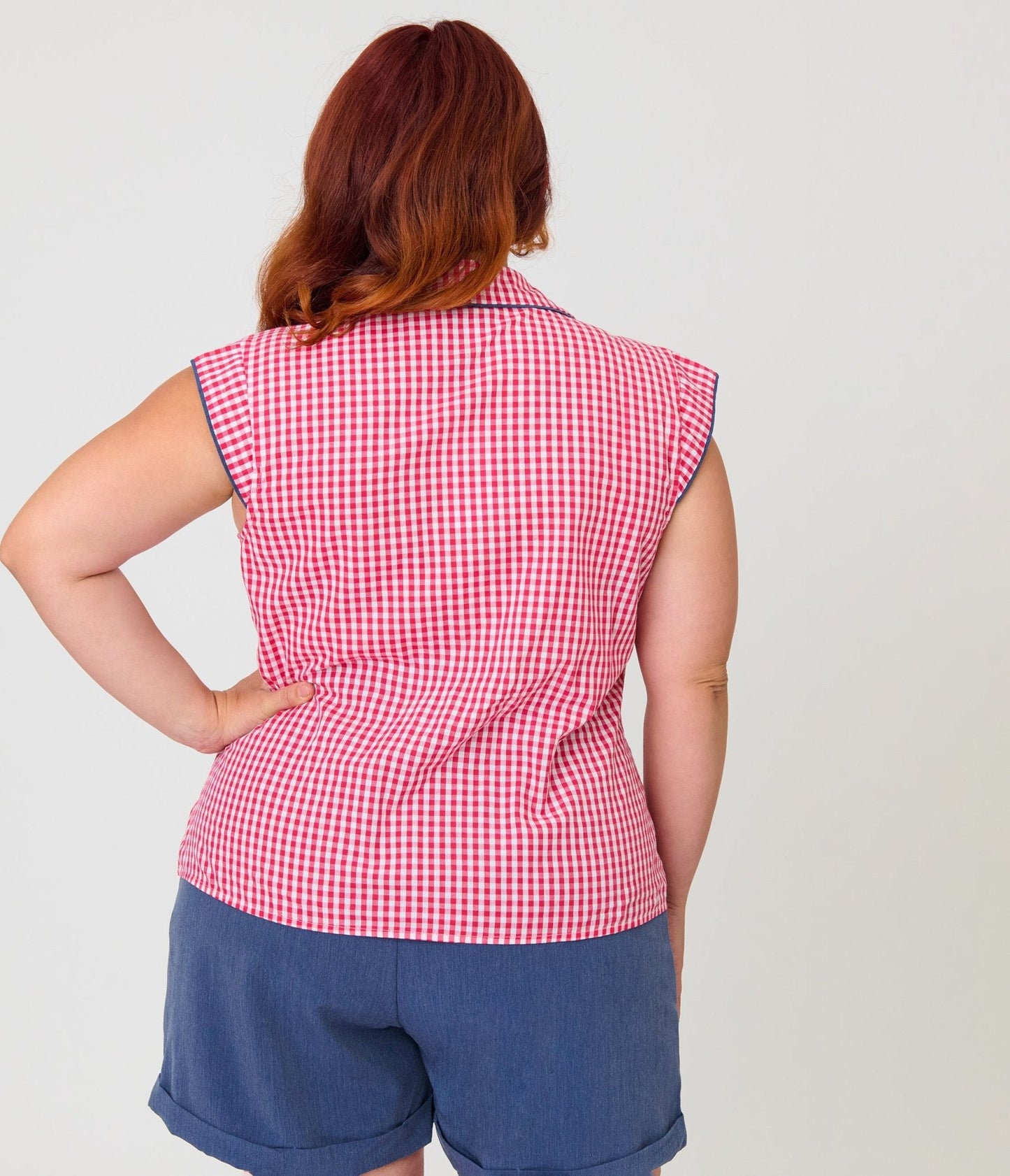 Unique Vintage Plus Size Hot Pink Gingham Cap Sleeve Top