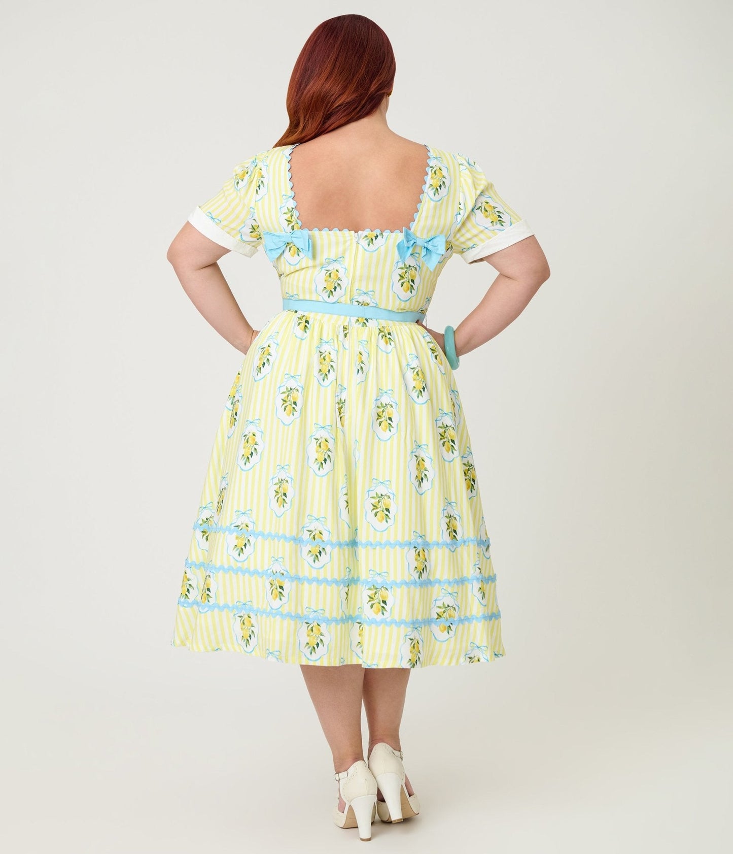 Unique Vintage Plus Size  Yellow Lemon Striped Swing Dress